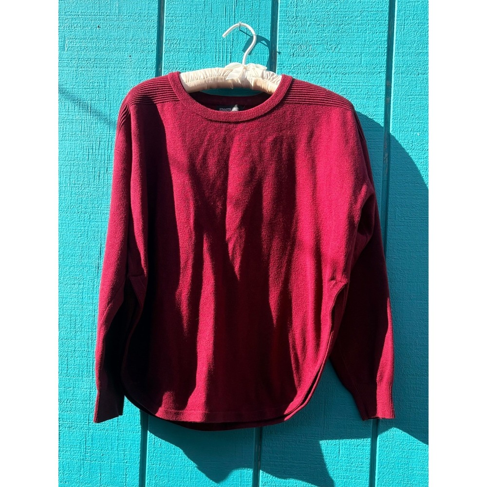 Kenneth Green Burgundy Ribbed Shoulder‎ Crewneck Sweater XL Relaxed High Low Hem